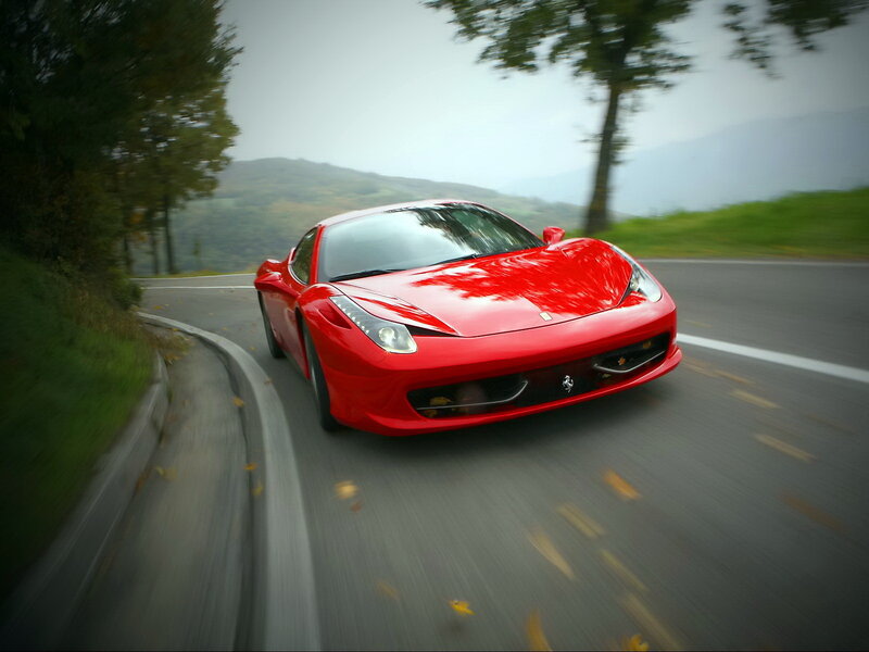 Red Ferrari on Road — Dynamic, Autumn
