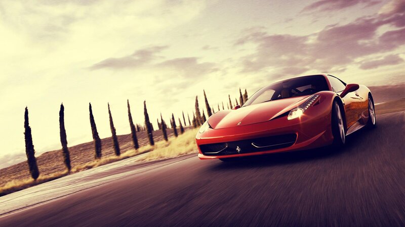 Red Ferrari on Road — Dynamic, Sunset, Photograph