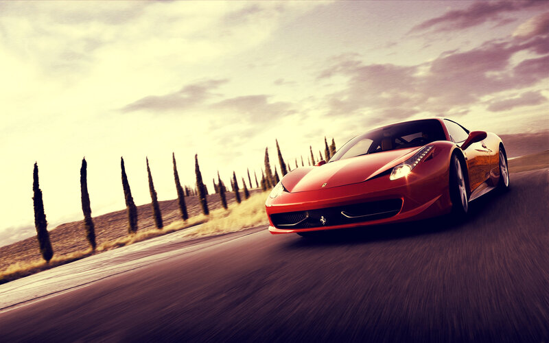 Red Ferrari on Road — Dynamic, Sunset