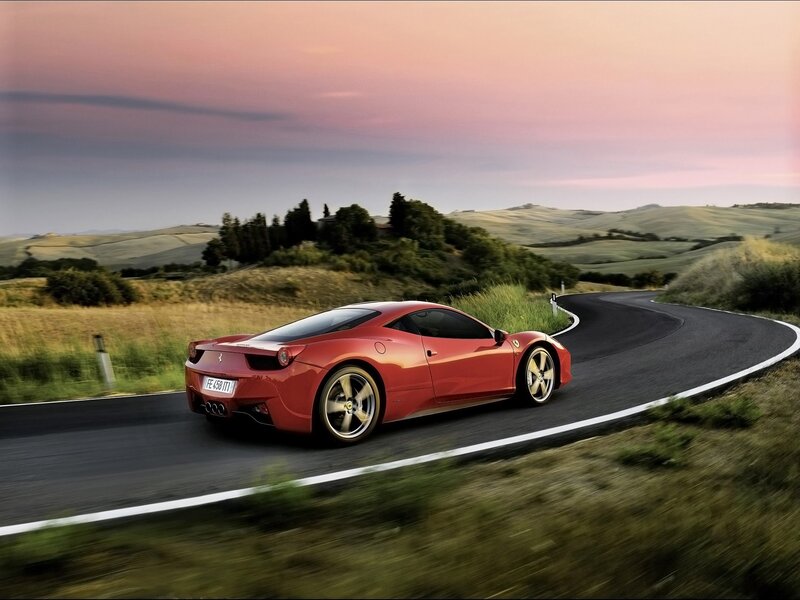 Red Ferrari on Road — Serene, Sunset, Photograph, Car, Hills, Sky