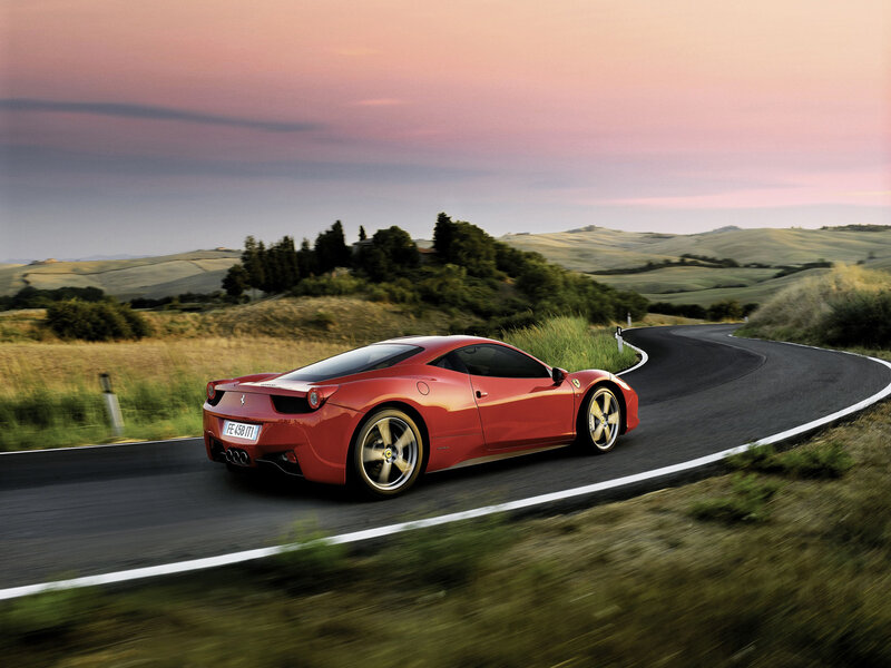 Red Ferrari on Road — Serene, Sunset, Photograph, Car, Hills