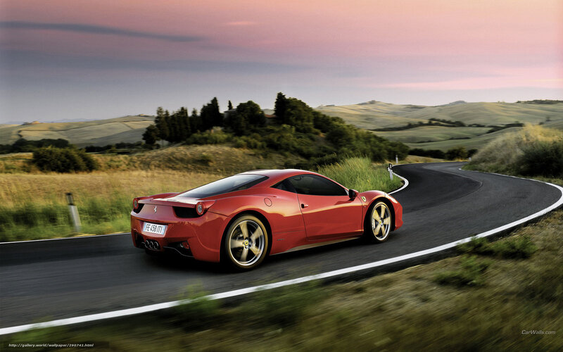 Red Ferrari on Road — Serene, Sunset, Photograph, Car, Hills, Trees