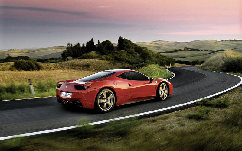 Red Ferrari on Road — Serene, Sunset, Photograph