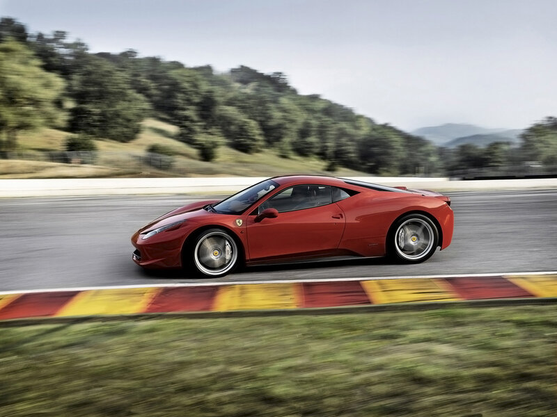 Red Ferrari on Track — Dynamic, Afternoon, Photograph, Race Track, Hills