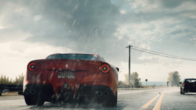 Red Ferrari on Wet Road — Dramatic