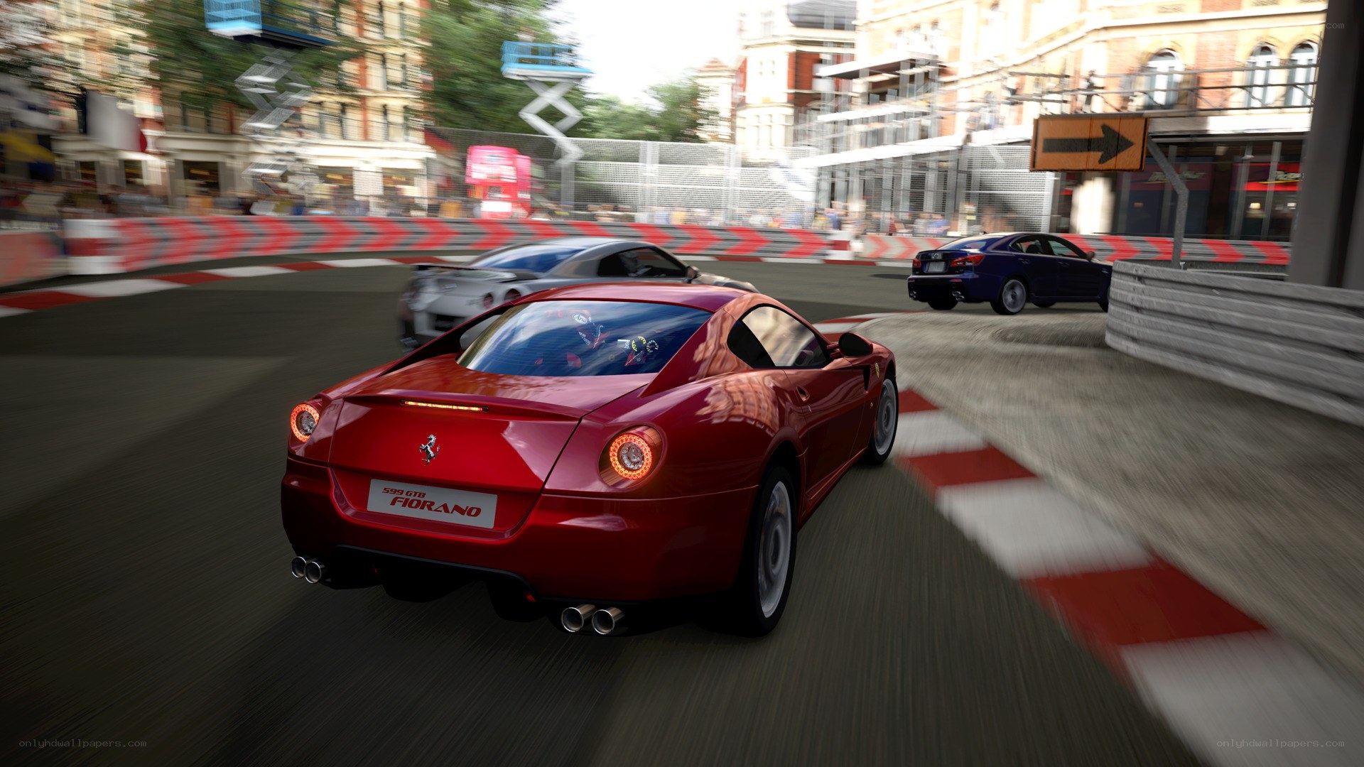 Red Ferrari racing on city track