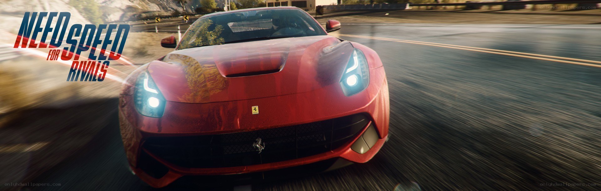 Red Ferrari racing on road