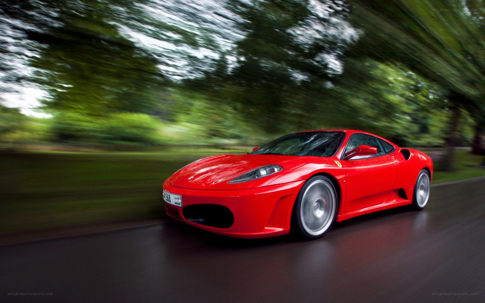 Red Ferrari speeding on road