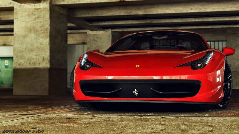 Red Ferrari Sports Car — Dramatic, 3d Render, Concrete Pillars