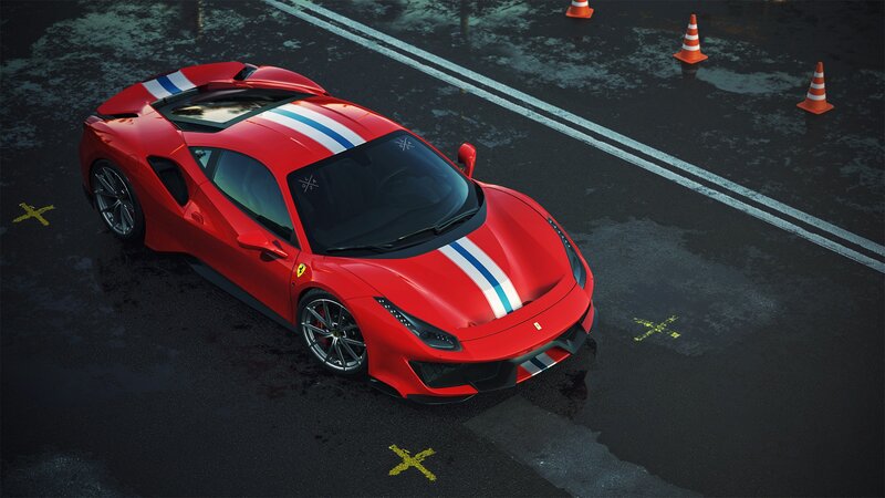 Red Ferrari Sports Car — Dramatic, 3d Render, Traffic Cones
