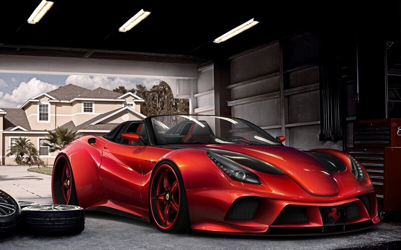 Red Ferrari Sports Car — Dramatic, Afternoon, 3d Render, Garage