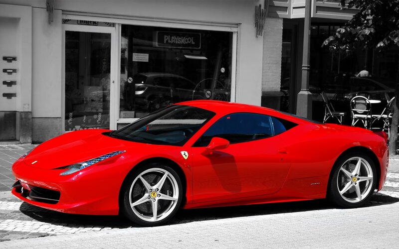 Red Ferrari Sports Car — Dramatic, Afternoon, Photograph, Building, Tree