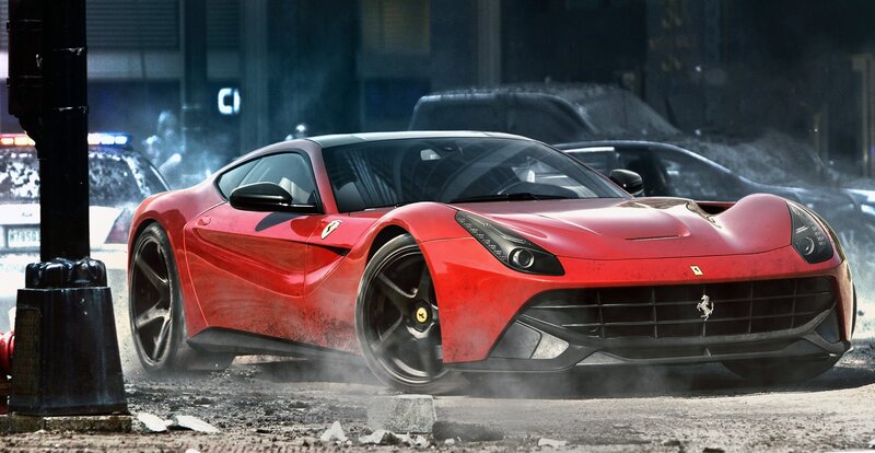 Red Ferrari Sports Car — Dramatic, Night, 3d Render