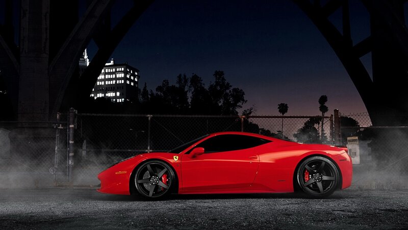 Red Ferrari Sports Car — Dramatic, Night, Photograph, Bridge, Building