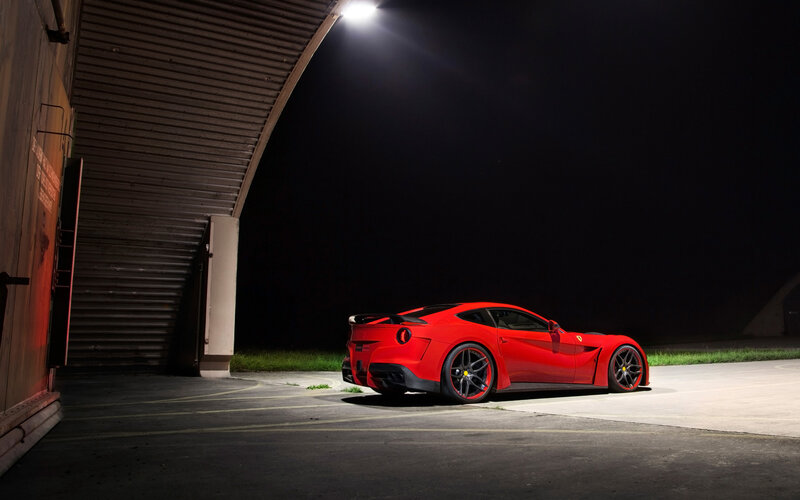 Red Ferrari Sports Car — Dramatic, Night, Photograph, Building