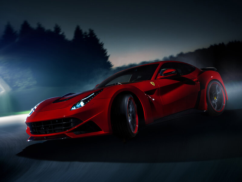 Red Ferrari Sports Car — Dramatic, Night, Photograph, Road