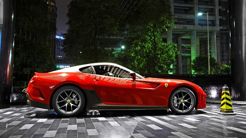 Red Ferrari Sports Car — Dramatic, Night, Photograph, Trees, Building