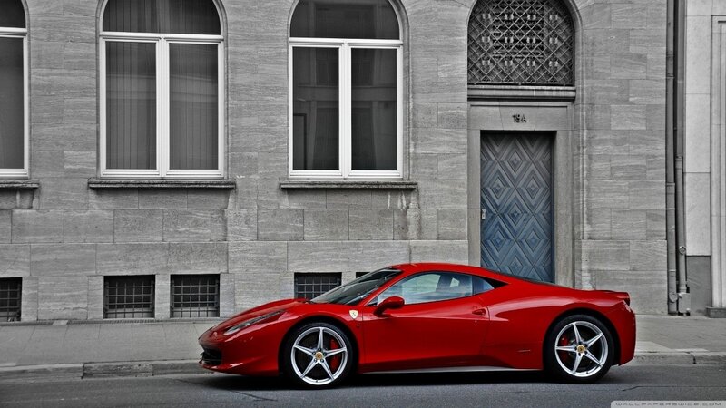 Red Ferrari Sports Car — Dramatic, Photograph, Building, Door