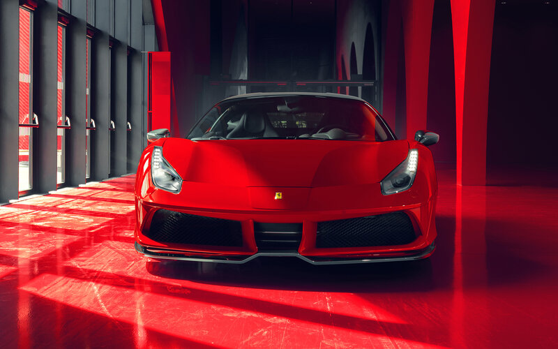 Red Ferrari Sports Car — Dramatic, Photograph, Building Interior