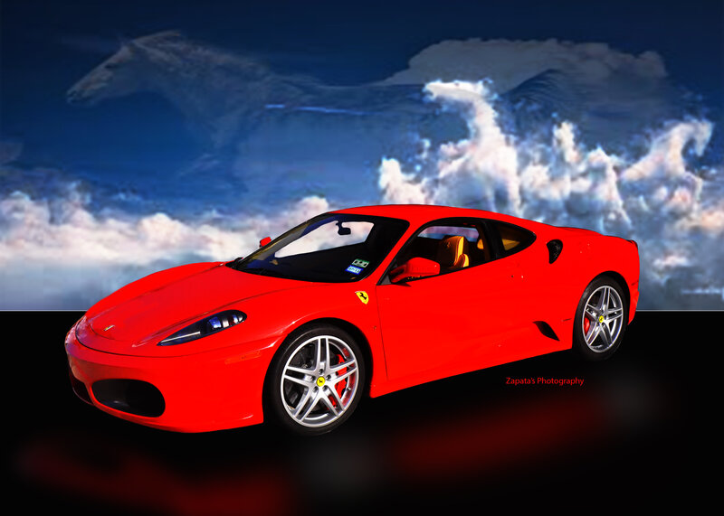 Red Ferrari Sports Car — Dramatic, Photograph, Horse