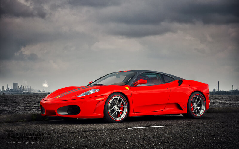 Red Ferrari Sports Car — Dramatic, Photograph, Industrial Complex