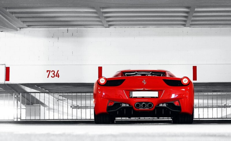 Red Ferrari Sports Car — Dramatic, Photograph, Parking Garage