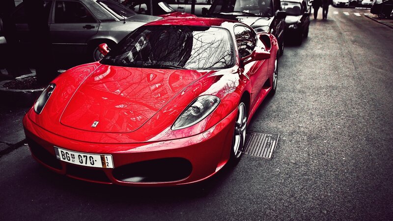 Red Ferrari Sports Car — Dramatic, Photograph, Street