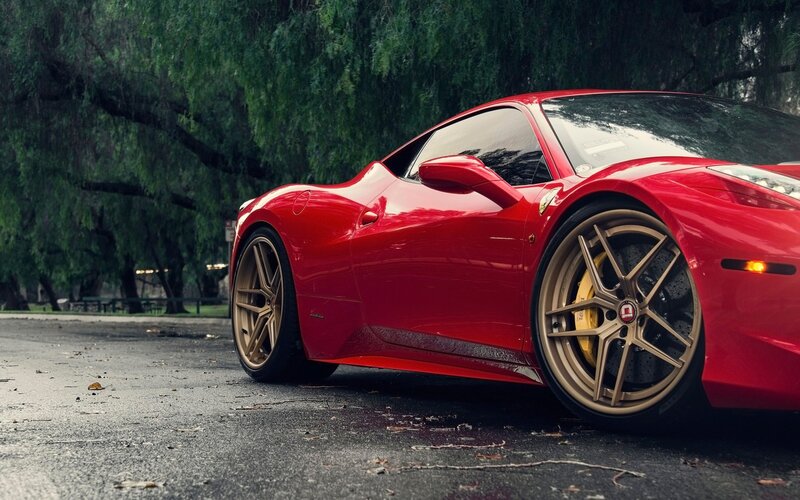 Red Ferrari Sports Car — Dramatic, Photograph, Trees