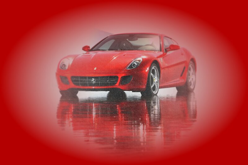 Red Ferrari Sports Car — Dramatic, Photograph, Wet Surface