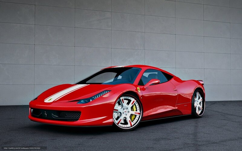 Red Ferrari Sports Car — Dramatic, Photograph, White Stripes, Silver Wheels, Gray Wall