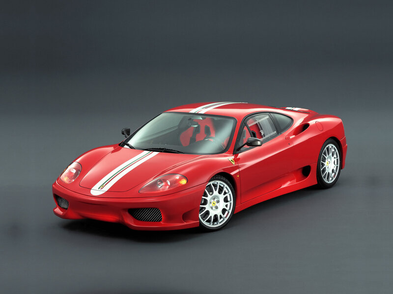 Red Ferrari Sports Car — Dramatic, Photograph, White Stripes, Silver Wheels