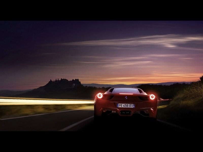Red Ferrari Sports Car — Dramatic, Sunset, Photograph, Road, Castle
