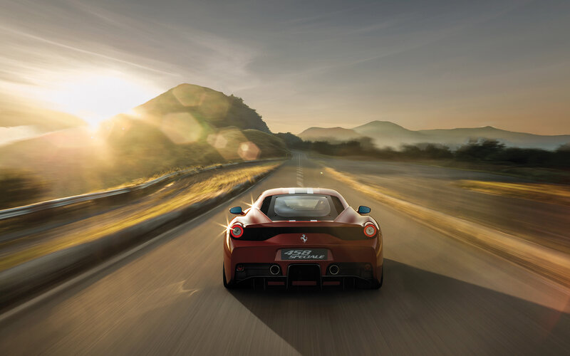 Red Ferrari Sports Car — Dramatic, Sunset, Photograph, Road, Mountains