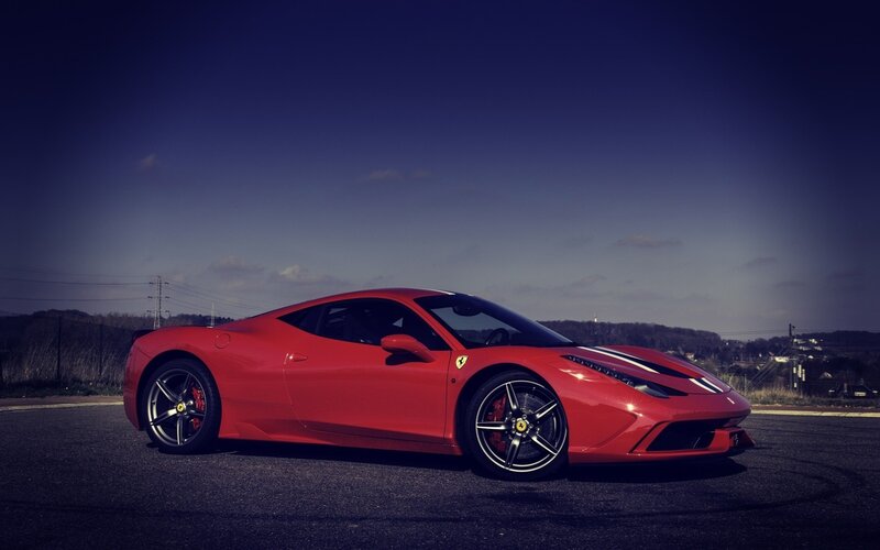 Red Ferrari Sports Car — Dramatic, Sunset, Photograph, Road, Sky
