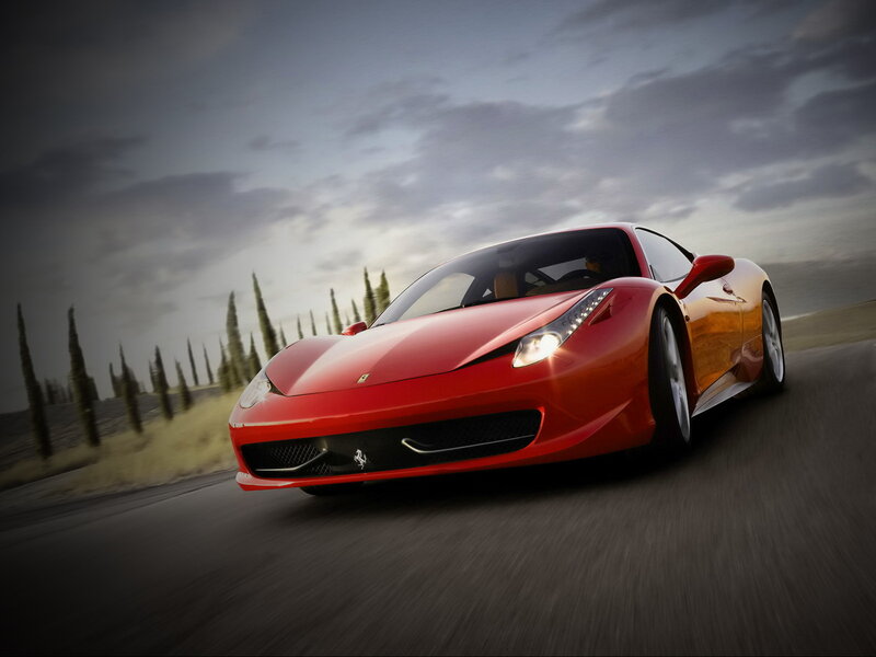 Red Ferrari Sports Car — Dramatic, Sunset