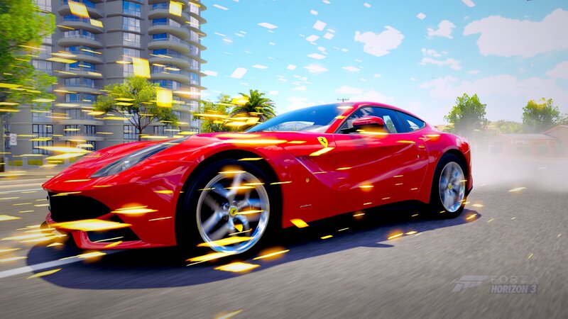 Red Ferrari Sports Car — Dynamic, Afternoon, 3d Render, Building, Trees