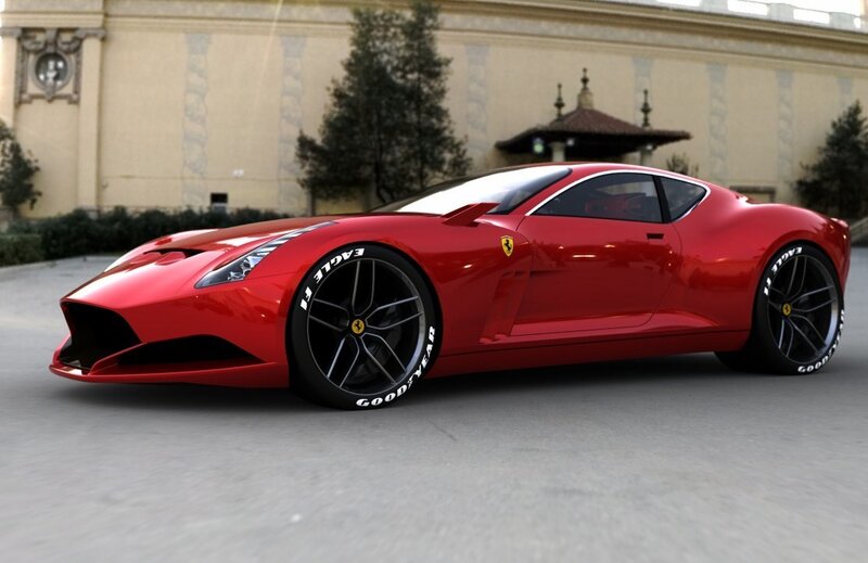 Red Ferrari Sports Car — Dynamic, Afternoon, 3d Render, Building, Trees, Tires
