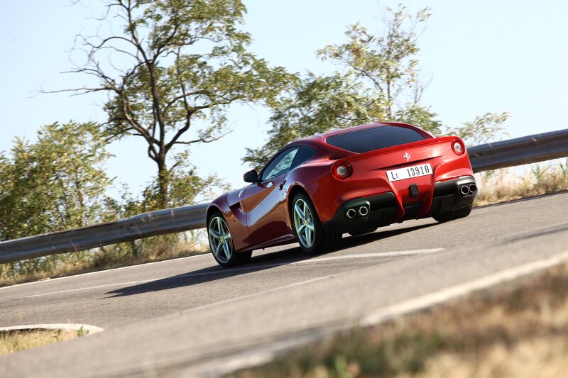 Red Ferrari Sports Car — Dynamic, Afternoon, Photograph, Road, Trees, Guardrail, Gray, Green, L 13910