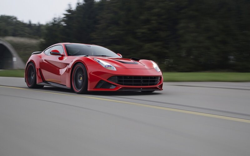 Red Ferrari Sports Car — Dynamic, Afternoon, Photograph, Road, Trees, Tunnel