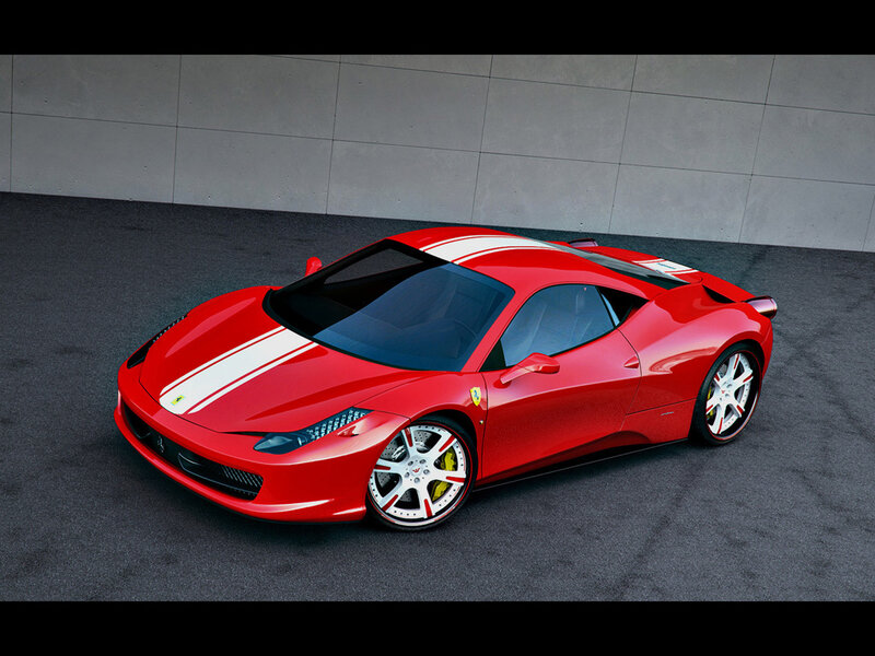 Red Ferrari Sports Car — Dynamic, Photograph, White Stripes