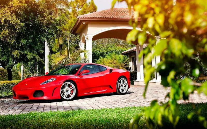 Red Ferrari Sports Car — Serene, Afternoon, Photograph, House, Palm Trees