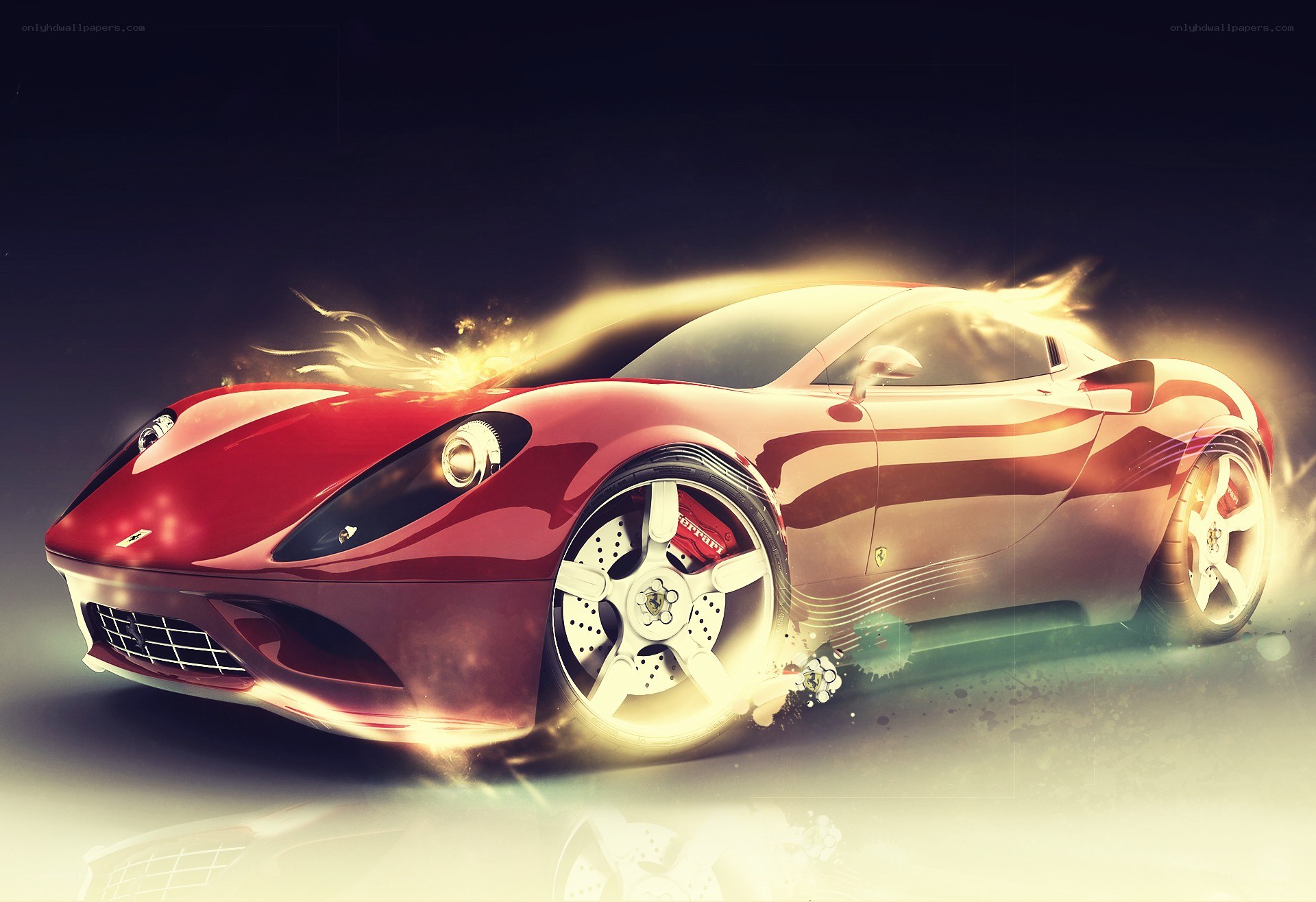 Red Ferrari with fiery effects