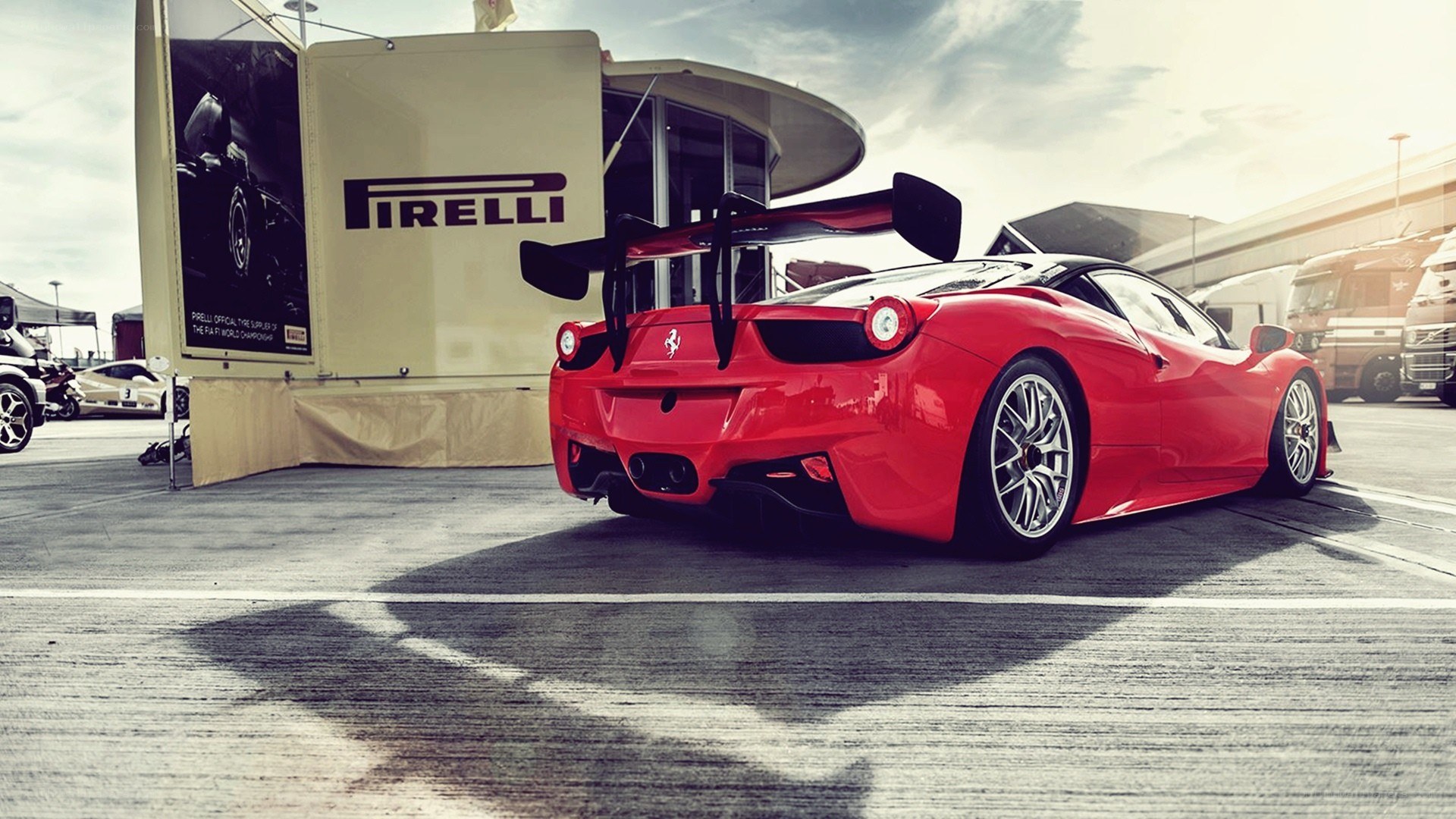 Red Ferrari with Pirelli trailer