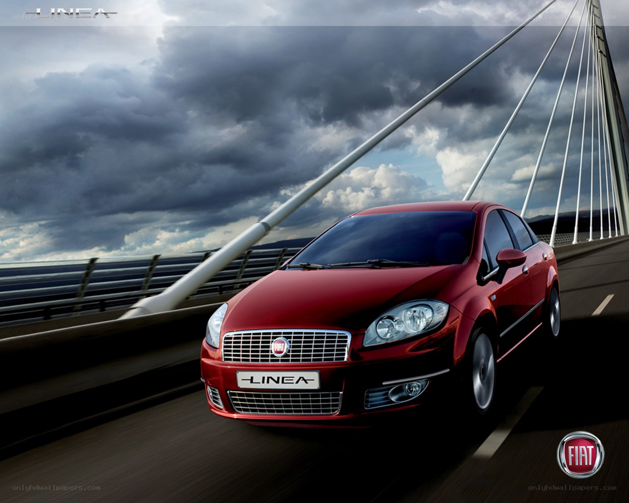 Red Fiat Linea on a bridge