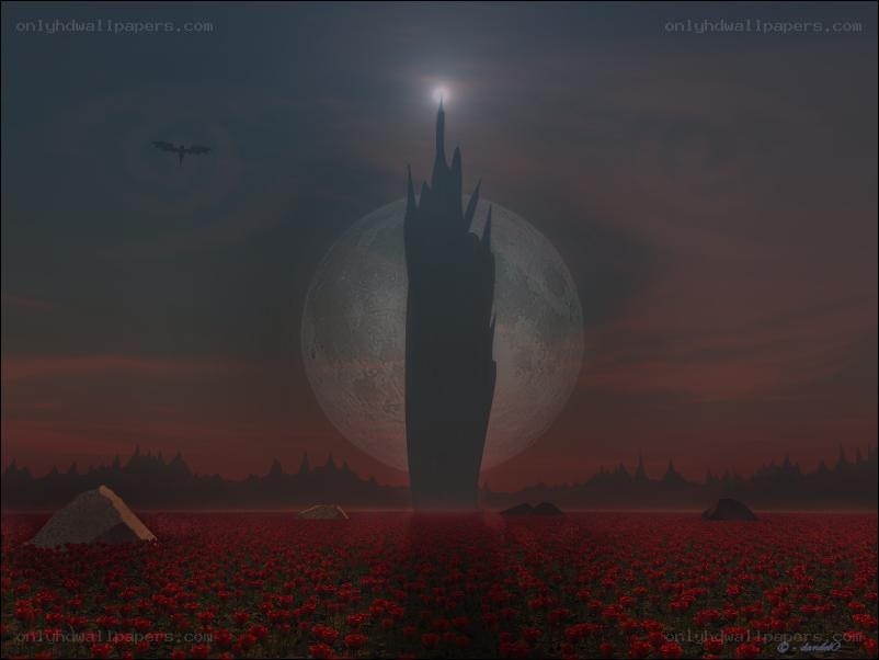 Red field with moon and tower