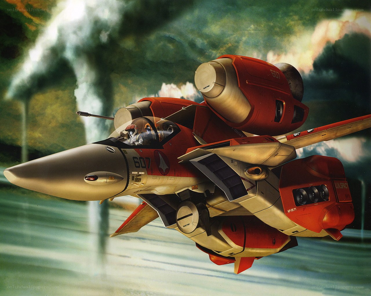 Red fighter jet in flight