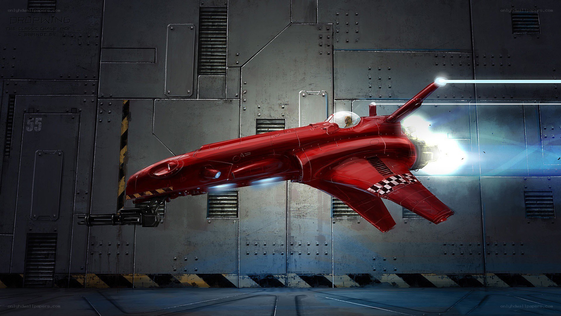Red fighter jet in hangar