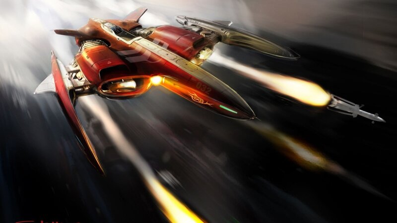 Red fighter jet in motion