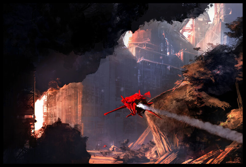 Red fighter jet in ruined city