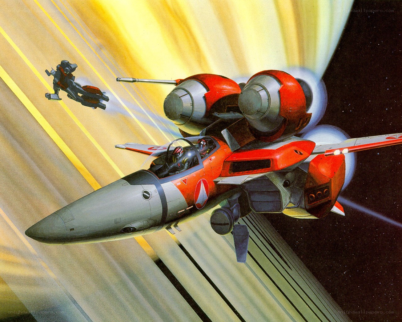 Red fighter jet in space